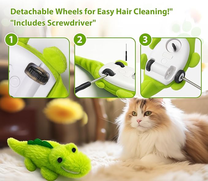 Interactive Cat Toys for Indoor Cats - Automatic Moving Cat Chase Toy for Bored Indoor Adult Cats - 360° Random Movement, Tail Wagging & Catnip Stimulation - Electric Croc(Long Plush)-Mewly Pet