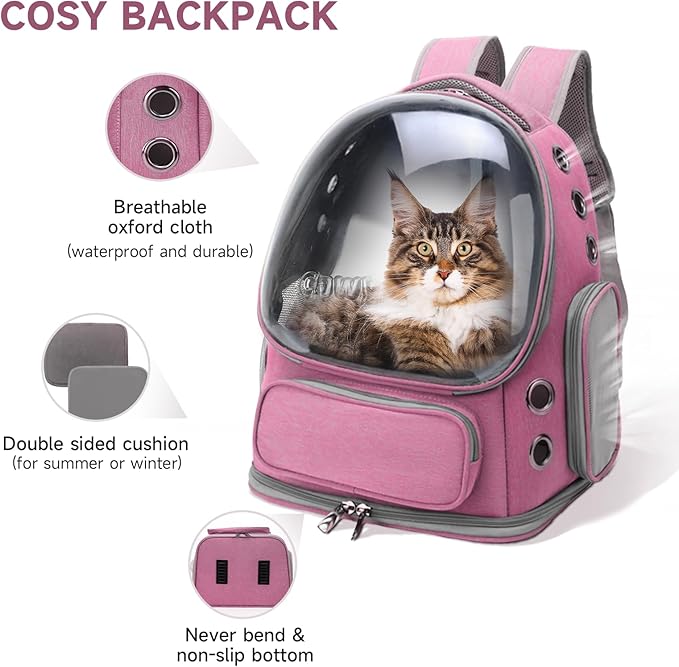 Cat Backpack Carrier, Breathable Cat Carrier Large Space Bubble Pet Backpack for Kitty Small Dog up to 15lbs, Transparent & Foldable Pet Carrier for Travel Hiking（Pink）-Mewly Pet