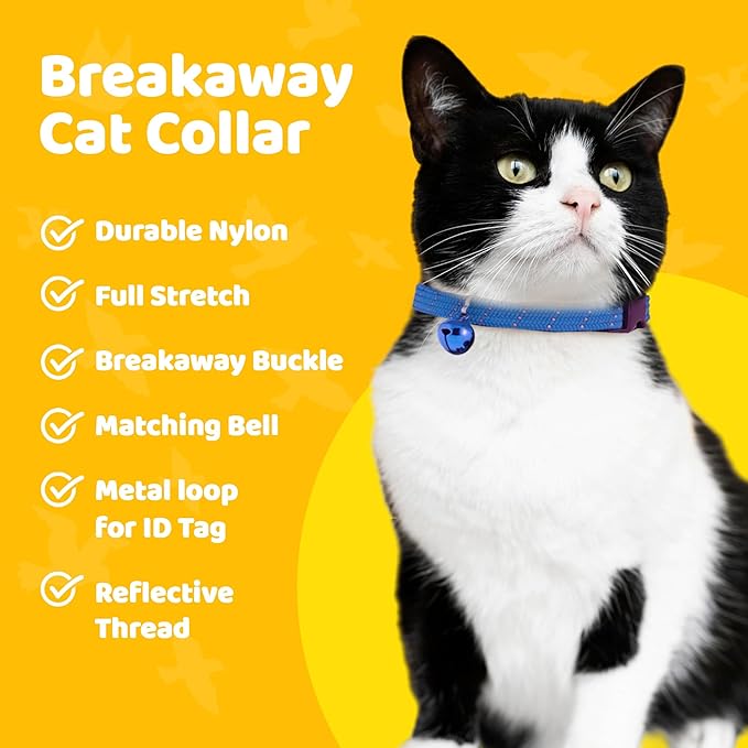 BirdsBeSafe® Break Away Cat Collar with Bell, Reflective Thread for Night Visibility, Comfortable Elastic Stretch Cat Collar to Protect Cat from Getting Stuck in The Garden.-Mewly Pet