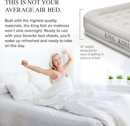 King Koil Luxury Queen Size Air Mattress with High-Speed Built-in Pump, Blow Up Bed Top Side Flocking, Puncture Resistant, 16in Double High Inflatable Airbed Guests or Travel 1-Year Warranty