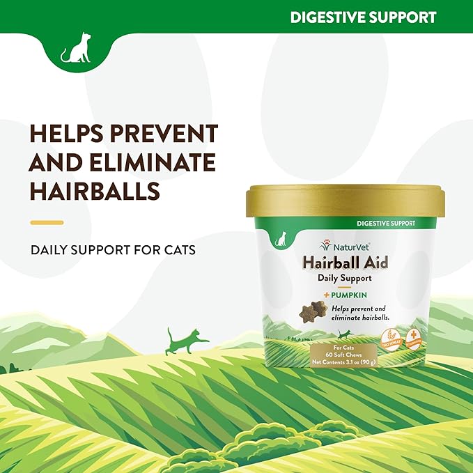 NaturVet – Hairball Aid Supplement for Cats - Plus Pumpkin – Helps Eliminate & Prevent Hairballs – 60 Soft Chews-Mewly Pet