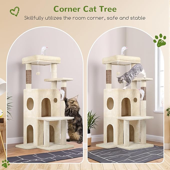 Globlazer Cat Tree Tower for Indoor Cats, 50-inch Adult Cat Tree House for Large Adult Cats with Steps, Scratching Post, 2 Cat Caves, Dangling Toys, FC50, Beige-Mewly Pet