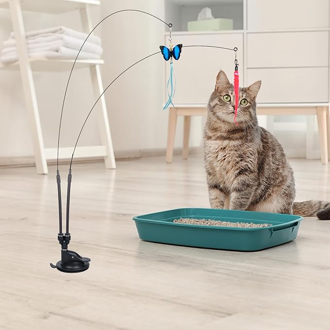 Cat Feather Toys, 14PCS With 2 Slots Super Suction Cup, Detachable 2PCS Wand & 11PCS Replacement Teaser Refills With Bell, Interactive Toy for Indoor Cats Kitten Play Exercise-Mewly Pet