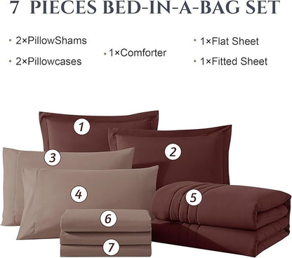Monbix King Size Comforter Set - 7 Pieces Bed in a Bag King, Dark Red Bedding Sets with Comforter, All Seasons Down Alternative Comforter Bed Set with Sheets, Pillowcases & Shams