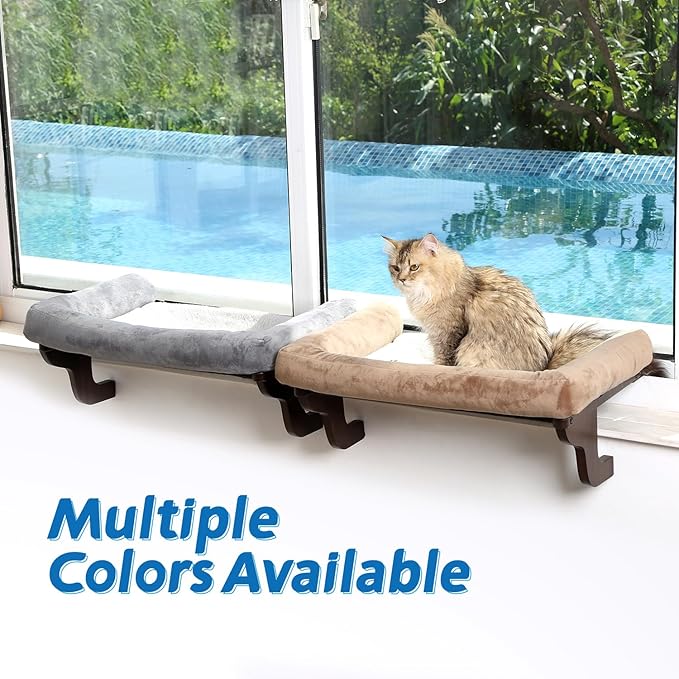 Cat Perch for Window Sill with Bolster - Orthopedic Hammock Design with Premium Hardwood & Robust Metal Frame - Cat Window Seat for Large Cats and Kittens - Dark Stained Wood with Gray Bed-Mewly Pet
