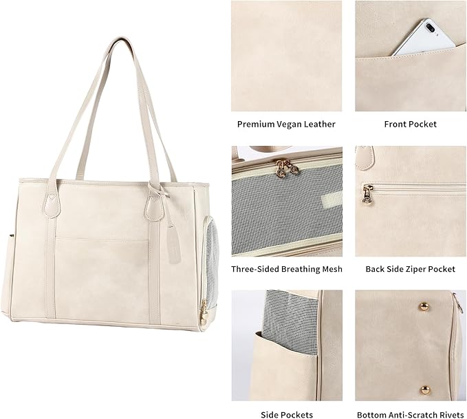 Stylish Dog Purse Carrier, Leather Pet Carrier Bag for Small Dogs Cats Puppy, Airline Approved Soft-Sided Carrier Beige-Mewly Pet