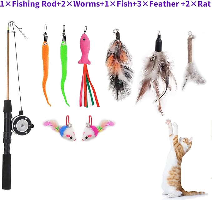 Retractable Cat Teaser Wand Toy, Cat Toys for Indoor Outdoor Cats Interactive Fishing Rod with 8 Pcs Refills Feather Toy, Plush Mouse Caterpillar & Fish-Mewly Pet