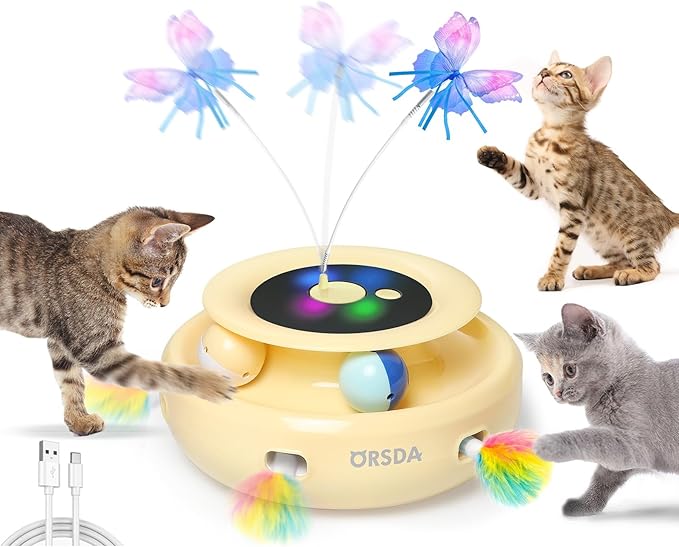 ORSDA Cat Toy, 3-in-1 Automatic Interactive Electronic Moving Ambush Feather, Fluttering Butterfly, Track Balls, USB Rechargeable Powered Smart Indoor Exercise Kicker-Mewly Pet