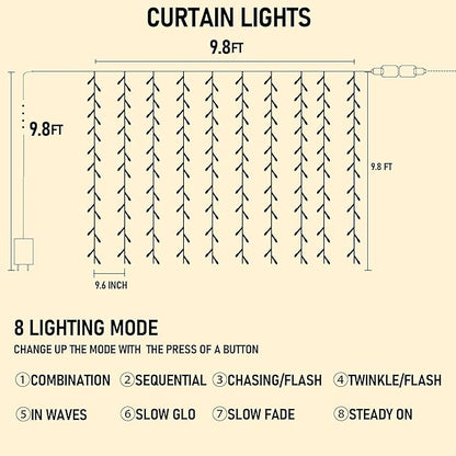 Dazzle Bright 300 LED Curtain String Lights, Christmas Fairy Lights for Bedroom with 8 Lighting Modes, Connectable Waterproof Window Lights Party Wedding Garden Wall Decor, Blue