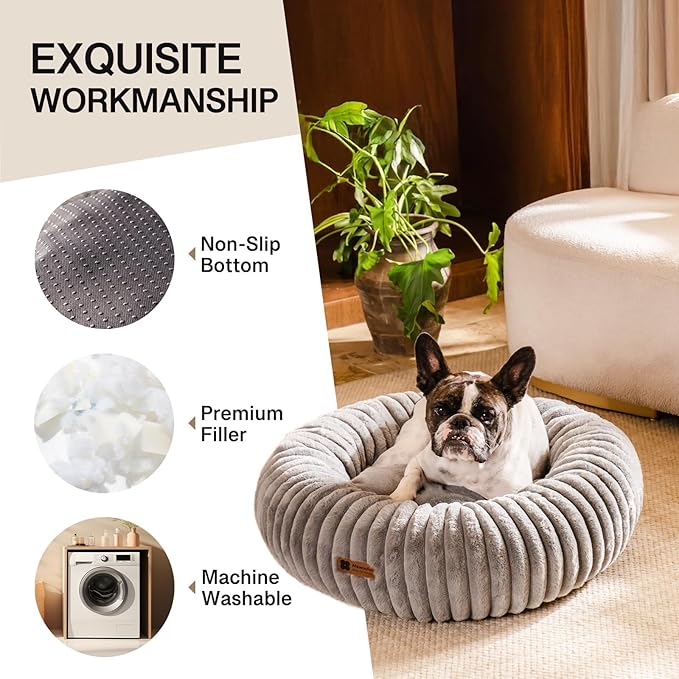 MEWOOFUN Donut Dog Beds for Small Dog, Calming Bed Round Cute Puppy Bed with Non-Slip Bottom, Fluffy Washable Pet Bed for Puppy and Kitten (Grey, S (25x25x7))-Mewly Pet