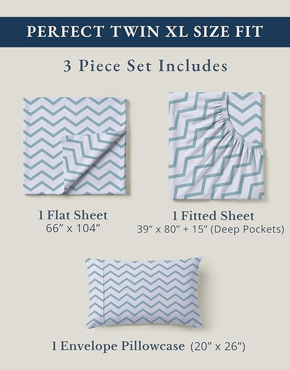 LANE LINEN 100% Cotton Fully Elasticized Twin XL Sheet Set, Printed Fade Resistant Machine Washable Extra Long Twin Bedding Set, Soft & Comfy Printed Cotton Sheets -Chevron