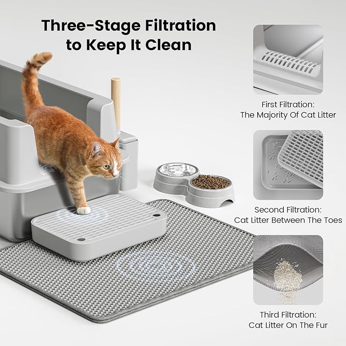 Stainless Steel Cat Litter Box - Enclosed XL Metal Kitty Litter Box with Lid for Big Cats, High Sided, Anti-Leakage, Easy Cleaning, Non-Sticky, Included Litter Mat, Cat Bowl & Spoon-Mewly Pet