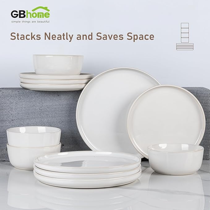 GBHOME Ceramic Dinnerware Sets for 4, 12 Pieces Stoneware Plates and Bowls Sets, Reactive Glaze Dishes -Scratch Resistant, Dishwasher&Microwave Safe-Star White-Mewly Pet