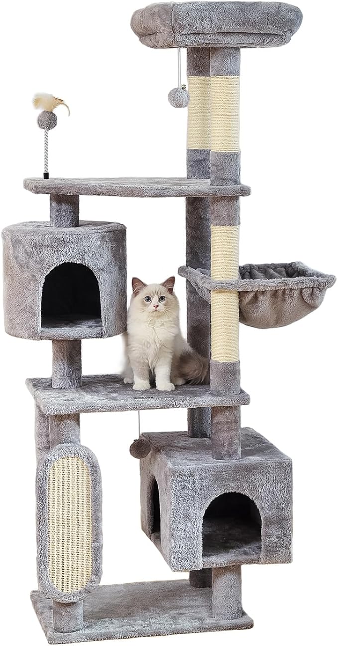 Hoopet 70-Inch Large Cat Tree for Multiple Cats Cat Tower with 2 Condos, Scratching Posts, Hammock & Platform, Plush Perch for Indoor Activity Relaxing Easy Assembly Grey-Mewly Pet