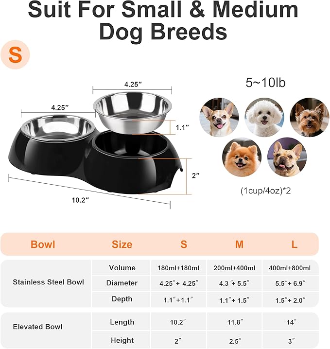 Stainless Steel Dog Bowls Set – Dual Non-Slip Pet Dishes with 2 Small (1 Cup*2) Bowls & Durable Resin Stand – Food & Water Feeder for Puppies, Cats, and Medium Dogs – Black-Mewly Pet