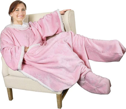 Catalonia Sherpa Wearable Blanket with Sleeves & Foot Pockets for Adult Women Men, Comfy Snuggly Wrap Sleeved Throw Blanket Robe, Gift Idea, Pink