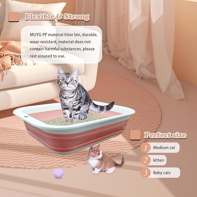 Foldable Cat Litter Box Open Potty Pan Portable Collapsible Cats Litter Boxs Travel Kitten Pan with Scoop Waterproof Low Entrance for Kitten and Easy Clean 17.7"×13.4"x4.9"(Pink)-Mewly Pet