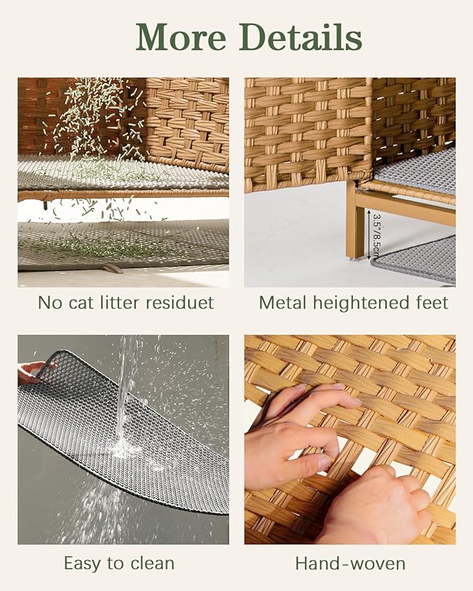 Cat Litter Box Enclosure Hidden Litter Box Furniture with Metal Heightened Feet, Rattan Handwoven Cat House with Litter Mat, Hidden Litter Box Furniture for Bedroom Living Room Natural-Mewly Pet
