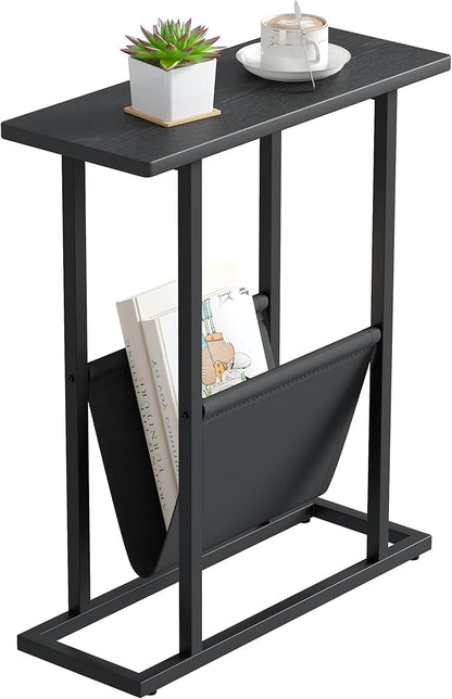 Yusong Small Narrow Side Table for Small Spaces, 17.7" W Slim End Table Nightstand with Storage Holder, Accent Skinny Snack Couch Bedside Table, Black Oak, Complete Iron Pipes