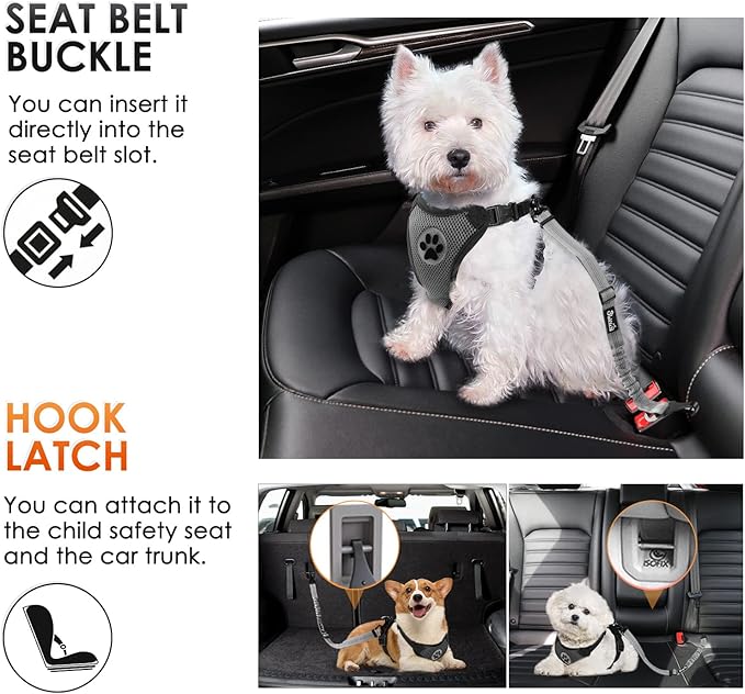 SlowTon 2 Pack Dog Seat Belt, 2 in 1 Attachment, Hook Latch Bar or Seatbelt Buckle with Elastic Nylon Bungee Buffer Adjustable Reflective Nylon Safety Belt Tether Connect to Dog Harness (2pack-GY)-Mewly Pet