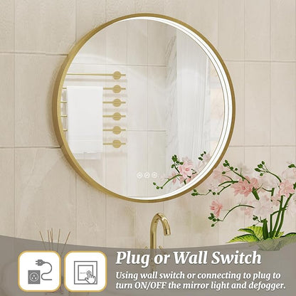 24 Inch Round LED Bathroom Mirror, Gold Metal Framed Lighted Mirror for Bathroom, Wall Mouted LED Vanity Mirror with Lights, 3 Colors and Stepless Dimmable, Anti-Fog, Memory