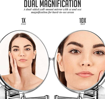 OVENTE 9" Wall Mounted Makeup Mirror with 1X/10X Magnification, Double Sided Magnifying Round Bathroom Vanity Mirror, 360° Swivel Design, Extendable and Folding Arm, Polished Chrome MNLFW90CH1X10X