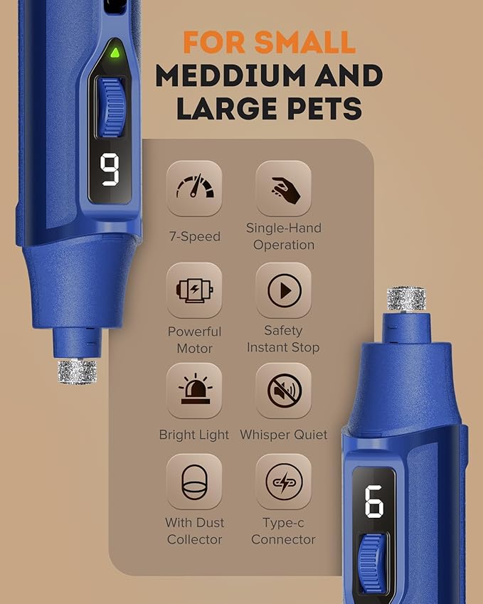 YABIFE 7-Speed Pet Nail Grinder with Light – Heavy Duty, Whisper Quiet Nail Trimmer for Dogs, Cats, Birds & Small Animals – Single-Handed Operation-Mewly Pet