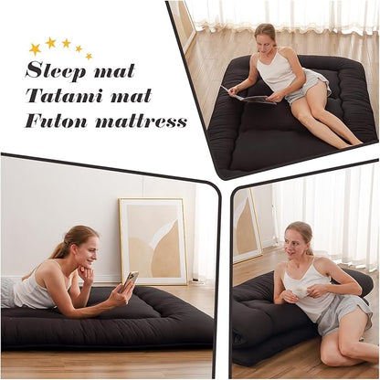 Japanese Floor Mattress, Futon Mattress with Portable Storage Bag and Washable Cover, Roll Up Thick Tatami Mat Suitable for Camping, Guest Room, Black, Queen