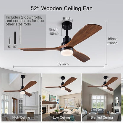 BOJUE 52 Inch Ceiling Fans with Lights and Remote Control, Outdoor Ceiling Fans for Patios; Black Ceiling Fan with Light for Bedroom Living Room, Solid Wood, 3CCT Dimmable, Memory Function