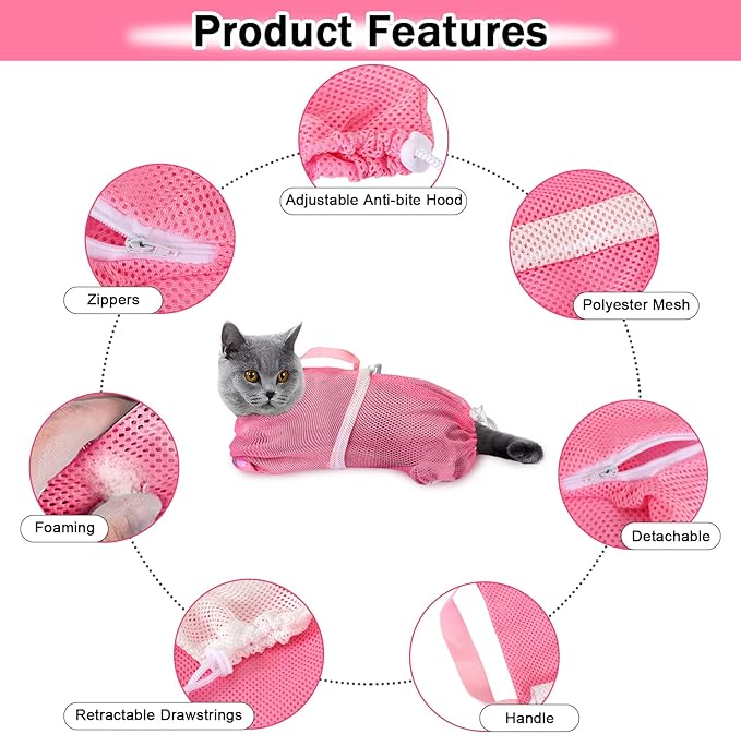 JULMELON Cat Washing Bag 10 PCS Set, Adjustable Cat Shower Net Bag and Pet Grooming Brush with Nail Clipper Nail File Hair Combs Tick Tool Nail Caps for Bathing Nail Trimming Examination(Pink+Grey)-Mewly Pet