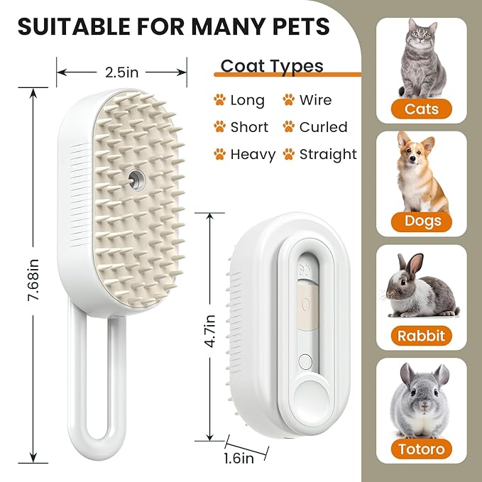 Cat Steam Brush for Shedding, Pet Steam Brush for Cats and Dog, 4 in 1 Rechargeable Cat Hair Brush, Spray Anti-Static, Massage, Cleaning, Shedding & Combing All In One, for Long & Short Haired Pets!-Mewly Pet