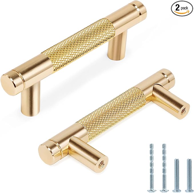 Knurled Cabinet Pulls 2 Pack, 3.5 Inch Long Cabinet Handles Metal Door Pulls, Kitchen Drawer Pull Knurled Dresser Handles - 2 1/2" Hole to Hole, Golden