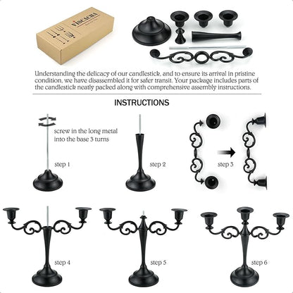3 Metal Candelabra – Candlesticks Holder for Formal Events, Wedding, Church, Holiday Décor, Halloween – Taper Candle Holder Stand Centerpiece Elegant Decoration Piece for Table,Pure Black