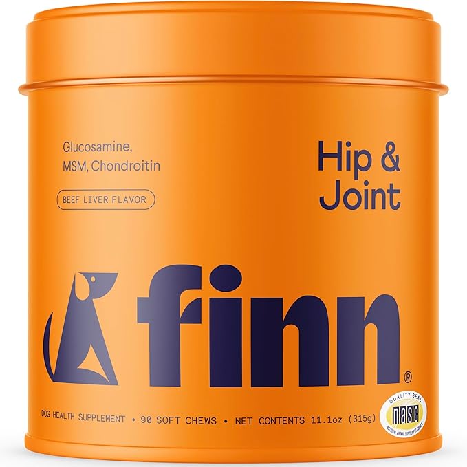 Finn Hip and Joint Supplement for Dogs | Glucosamine, Chondroitin & MSM for Joint and Mobility Support | with Turmeric, BioPerine and B-Vitamins | 90 Soft Chews-Mewly Pet