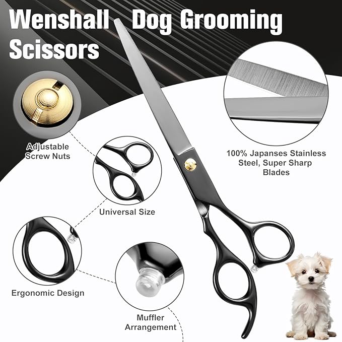 Professional Dog Grooming Scissors Set - 6.5" Thinning, 7" Straight, 7" Up-Curved, 7" Down-curved Scissors and Comb for Dog Cat Pet (Black)-Mewly Pet