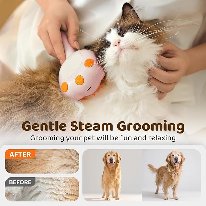 Steam Cat Brush, 6-in-1 Dog Brush Spritz Defur Comb with Pet Waterless Shampoo, Steamy Skin Friendly Deshedding Grooming Tool, Suitable for Shedding & Haired Pets, Pet Supplies Accessories, Pink-Mewly Pet