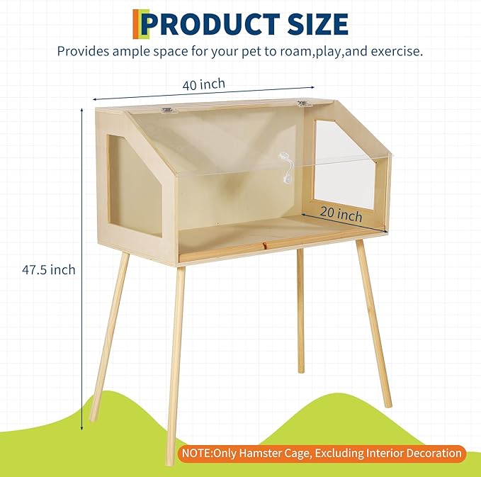 Wooden Hamster Cage with Legs, 40" l x 20" w x 47.5" h Guinea Pig Cages Chew Proof,Large Hamster Habitats Enclosure with Acrylic Window & Openable Top for Guinea Pig, Chinchilla, Gerbil-Mewly Pet