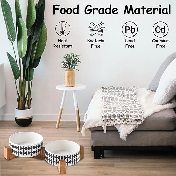 Petygooing Ceramic Dog Cat Bowl Set with Stand,Pet Food and Water Bowl,Small Dog Bowls Anti -Slip Set of 2 Cat Dishes Food Bowls Dish Small Size Pet (13.5OZ/5.1 in) Black Rhombus-Mewly Pet