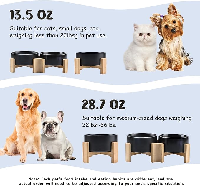 SPUNKYJUNKY 15° Slanted Ceramic Dog and Cat Bowl with Wooden Stand, Tilted Bulldog Food and Water Bowl No Slip Non-Spill for Cats Medium Dogs Big Face Pets 13.5 OZ (1.7 Cups, Black × 2)-Mewly Pet