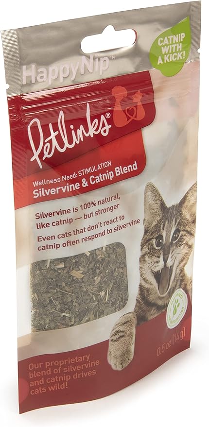 Petlinks HappyNip Catnip & Silvervine Blend for Cats & Kittens, Highly Potent Stimulant/Attractant, Great for Finicky Felines, Resealable Pouch - 0.5 oz-Mewly Pet