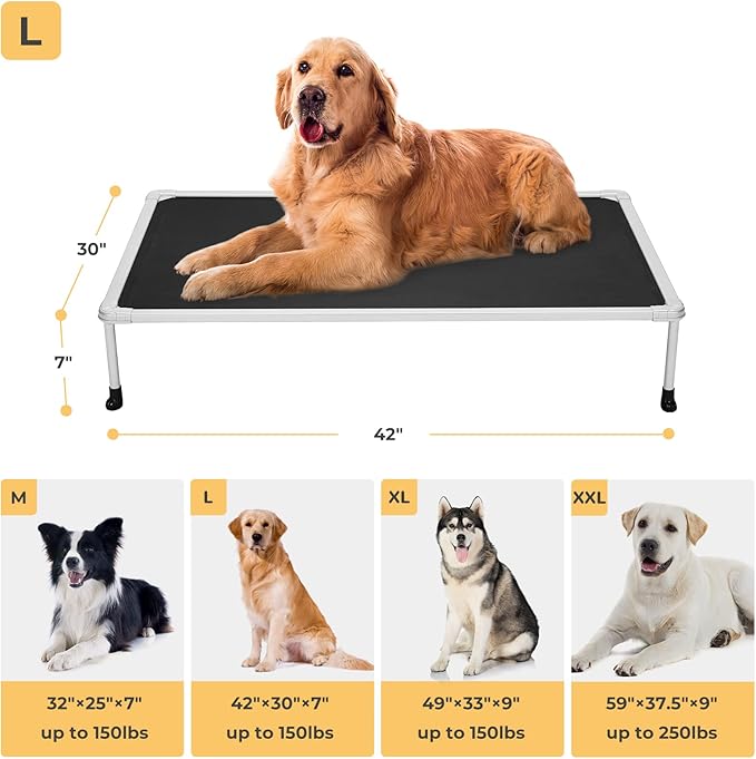 Veehoo Chewproof Elevated Dog Bed - Cooling Raised Pet Cot, Breathable Mesh, Washable & Non-Slip for Large Dogs, Indoor/Outdoor, Black Mat and Silver Metal Frame, 42x30inches (Model CWC2203B03)-Mewly Pet