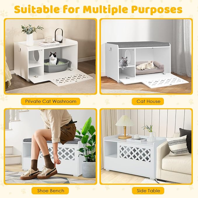 Tangkula Cat Litter Box Enclosure, Hidden Litter Box with Removable Cushion & Flip-Down Opening, Multifunctional Storage Cabinet Bench, Modern Litter Box Furniture Fits Most Litter Box (White)-Mewly Pet