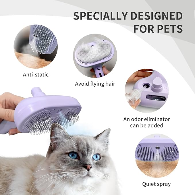 3-in-1 Self-Cleaning Brush for Shedding Dogs and Cats - Removes Static, Tangles, and Loose Hair (Purple)-Mewly Pet