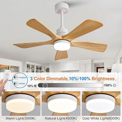 BOJUE 42 Inch Outdoor Ceiling Fans with Lights and Remote Control, Dimmable 5 Blade Wood Outdoor Ceiling Fans for Patios, White Natural Wood Bedroom Ceiling Fan with Lights, Noiseless DC Motor