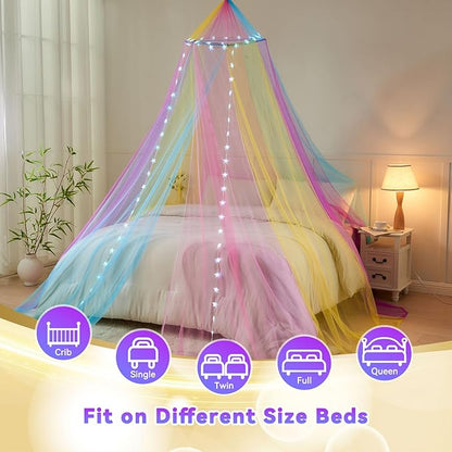 Obrecis Rainbow Bed Canopy for Girls, Princess Canopy Bed Curtains with 24 Colors Star Lights,Twin Bed Canopy Fits Single, Twin, Full, Queen Size Kids Bed