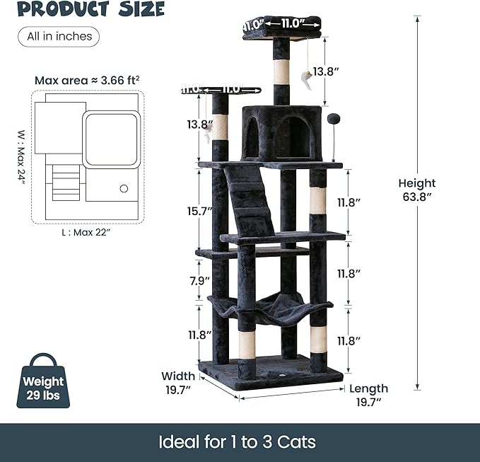 MWPO 63.8 inches Multi-Level Cat Tree for Large Cats with Sisal-Covered Scratching Posts, Padded Platform, Hammock and Condo,Stable Cat Tower Cat Condo Pet Play House-Smoky Gray-Mewly Pet