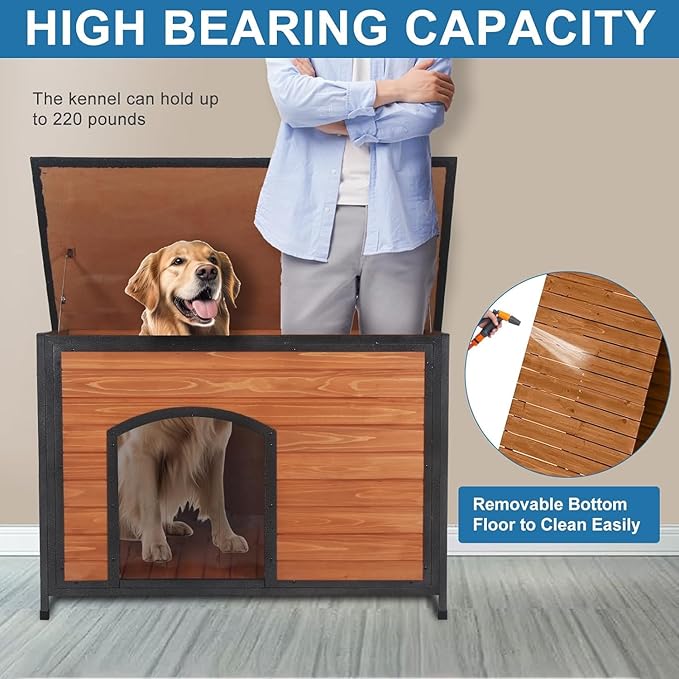 Dog House Outdoor Weatherproof 34.3" L Chew Proof Outside Dog Kennel for Small Medium Dogs with Strong Metal Chew Proof Frame Raised Design-Mewly Pet