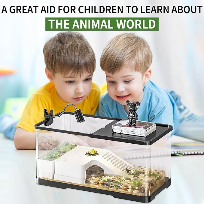 (Tank + Light + Filter + Filter Balls) Turtle Tank Kit, Turtle Tank Starter Kit,Bottom Drainage, Multi-Function Areas for Turtles, Crabs,Fishes, Amphibians,Reptiles.(21.65 × 12.28 × 12.28 Inch)-Mewly Pet