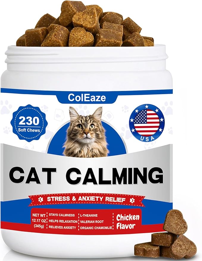 Calming Chews for Cats, Cat Calming Treats - Cat Anxiety Relief, Helps Reduce Stress & Promotes Relaxation for Travel, Boarding, Vet Visits, Separation Anxiety - Chicken (230 Soft Chews)-Mewly Pet