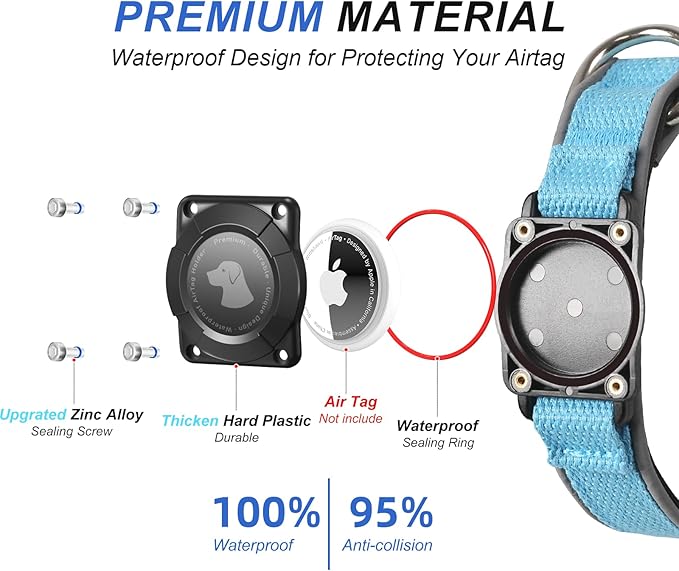 Waterproof Airtag Dog Collar - Nylon Collar with Durable Airtag Holder, Reflective&Anti-Lost with Safety Metal Buckle, Soft Padded Adjustable for Small Medium Large Dogs Blue XL-Mewly Pet